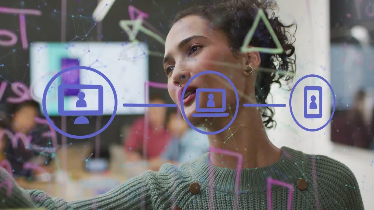 Woman presenter drawing on glass in tech meeting showing network flow as blue device icons linking