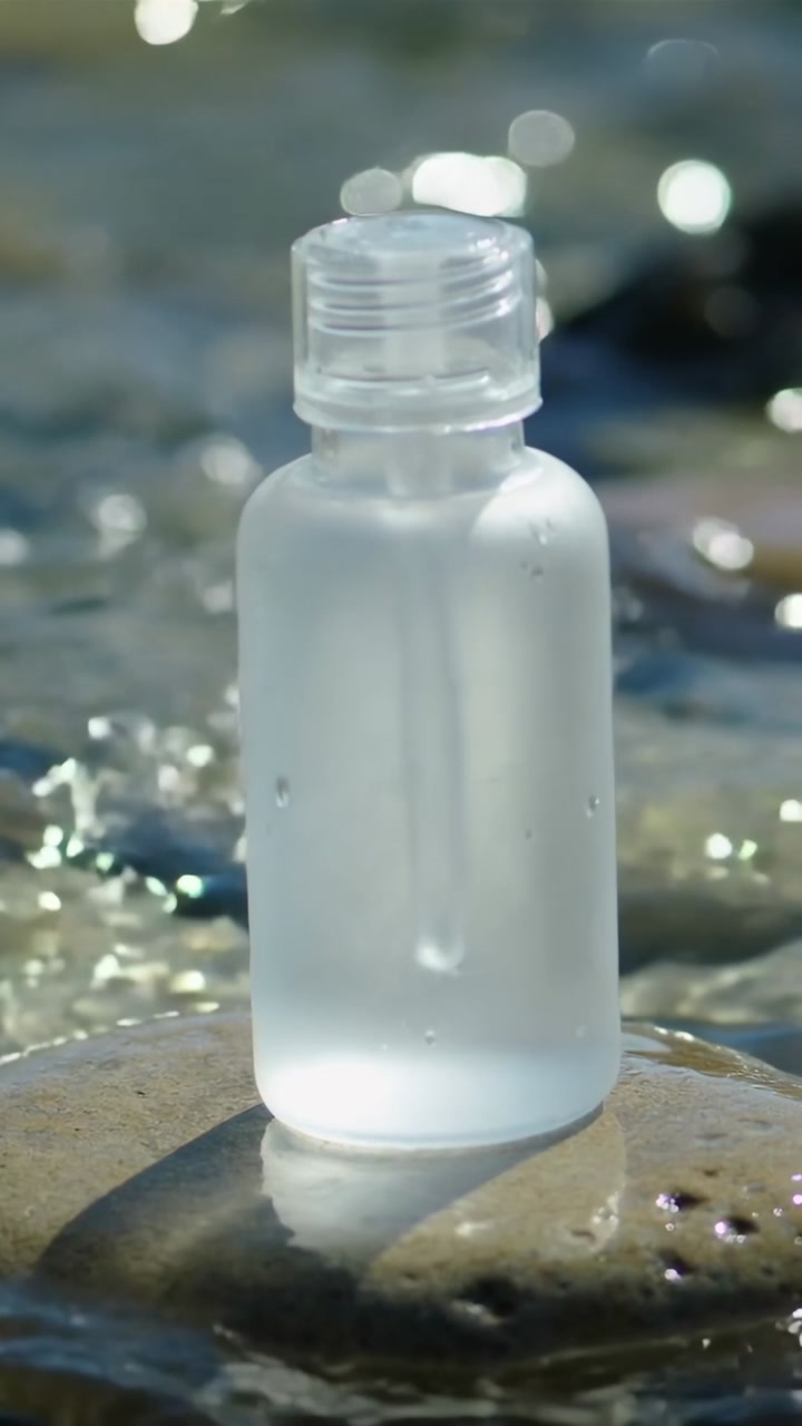 Vertical video: Glinting sun causing shifting bokeh as ripples passing frosted bottle on wet rock