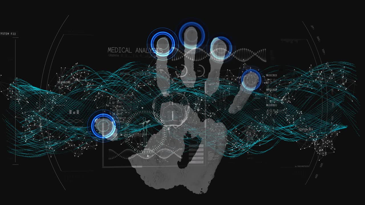 animación del procesamiento de datos y la hilera de adn girando sobre la huella biométrica de la mano