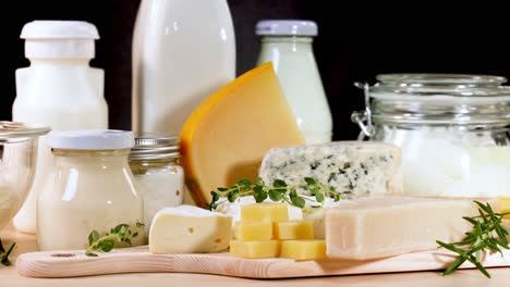 assorted dairy items arranged neatly on table