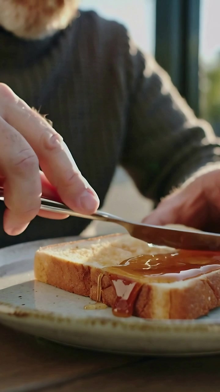Vertical video: Adding syrup by knife making man in knit sweater spreading syrup on bread at window