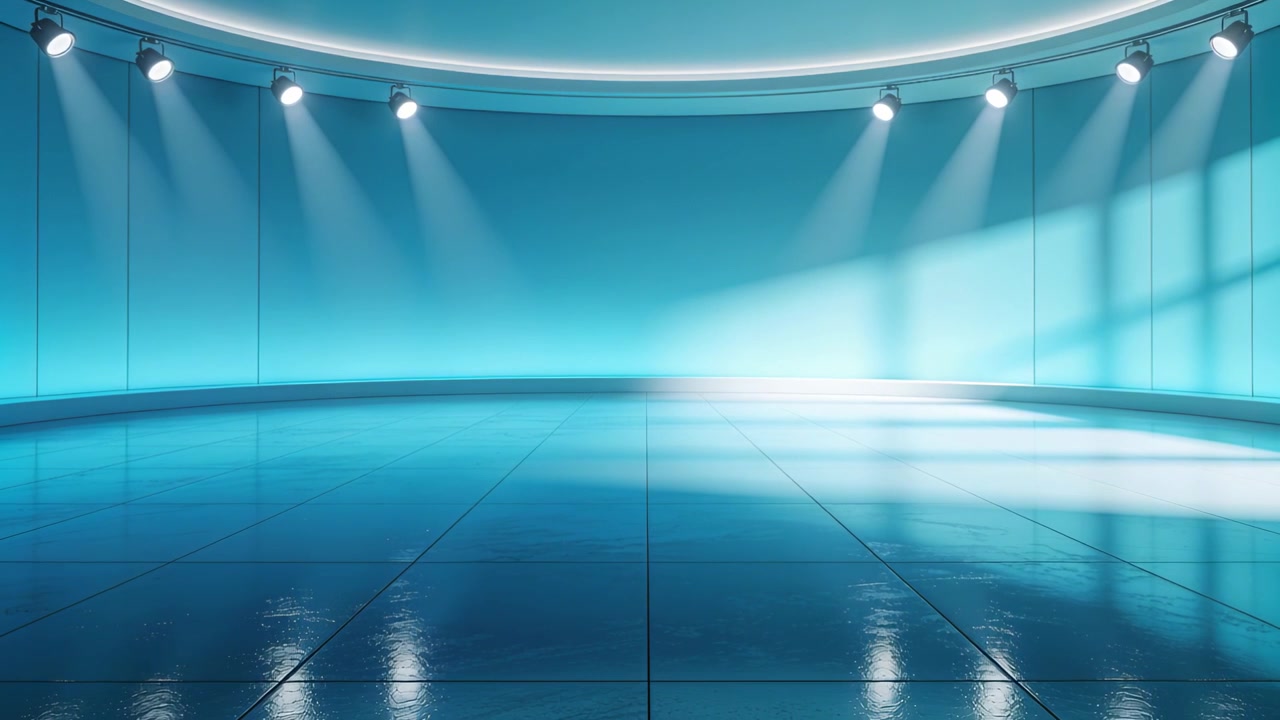 Shifting spotlights casting reflections across curved stage floor for filming, LED ring glowing