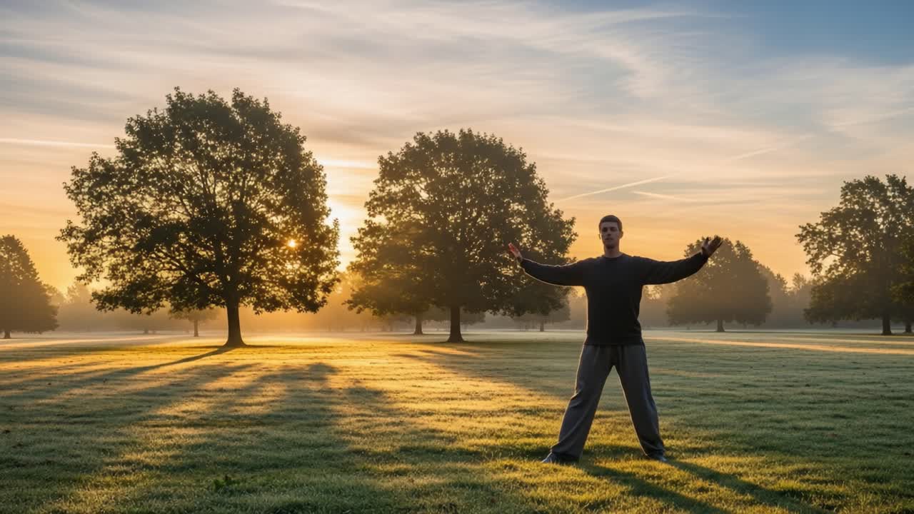 Serene Morning Practice: A Dedicated Individual Embraces Tranquility in Nature, Flowing Harmoniously with the Sunrise Amidst Lush Greenery and Soft Fog