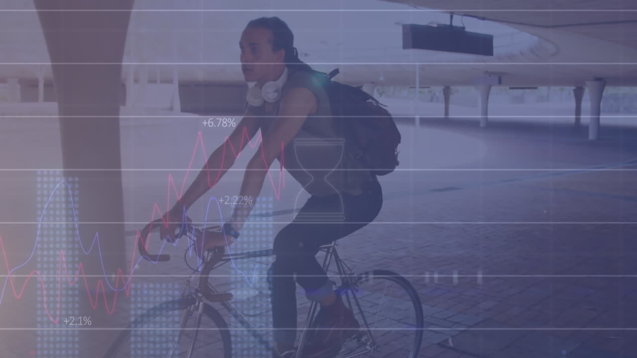 자전거를 타고 다니는 두 인종의 남성에 대한 금융 데이터 처리의 애니메이션