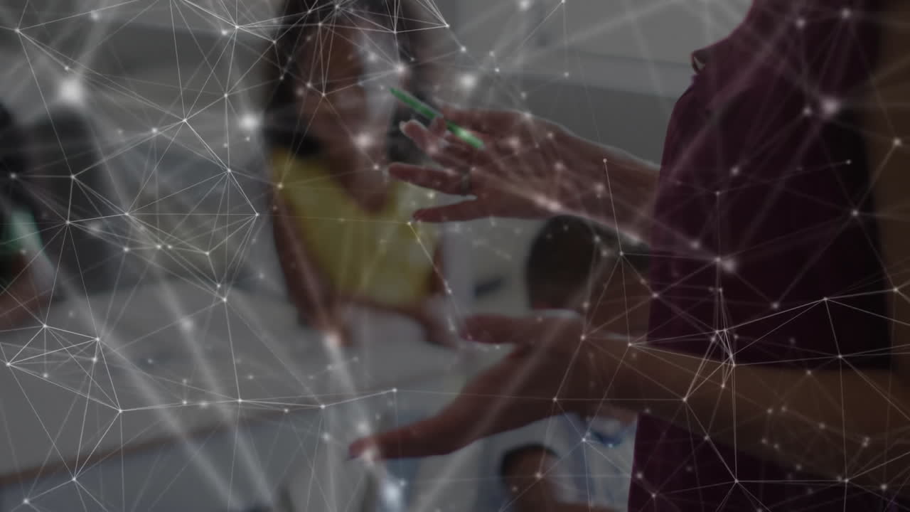 Collaborating in office, people surrounded by network of connections and data animation