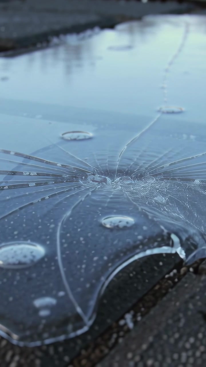 Vertical video: Moving camera showing cracked glass on wet pavement with radial impact, droplets