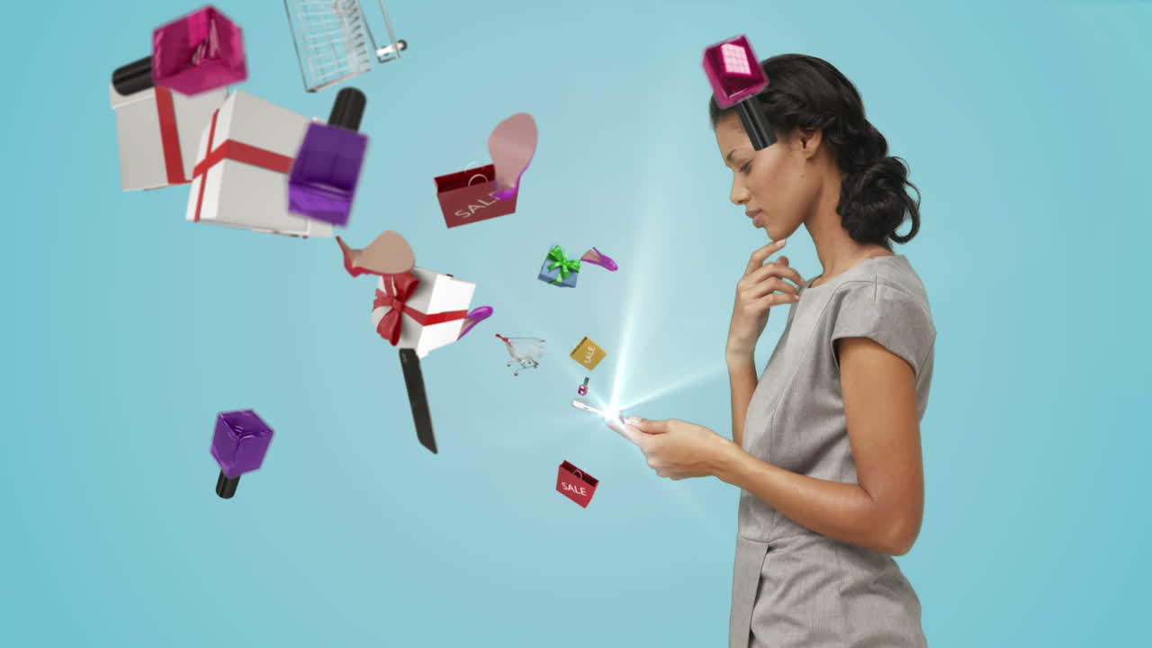 태블릿 컴퓨터를 들고 전자 쇼핑을 하는 예쁜 갈색 여자