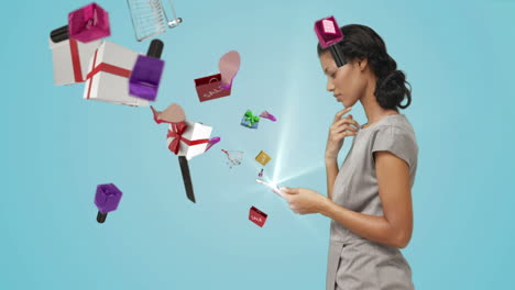 bonita morena con una tableta y haciendo compras electrónicas