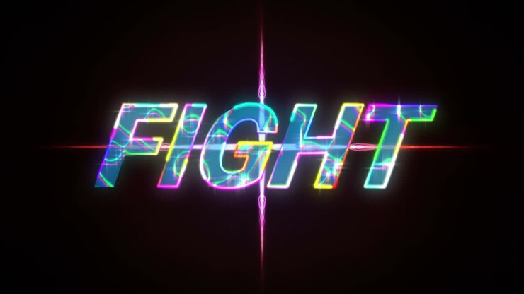 Animazione di testo "Fight" luminoso su una forma rossa luminosa
