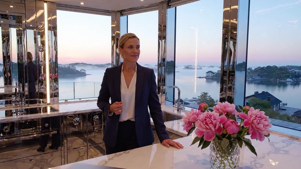 Elegante professionista in piedi in una cucina moderna con vista serena sul lungomare all'alba, con freschi fiori rosa che adornano lo spazio.