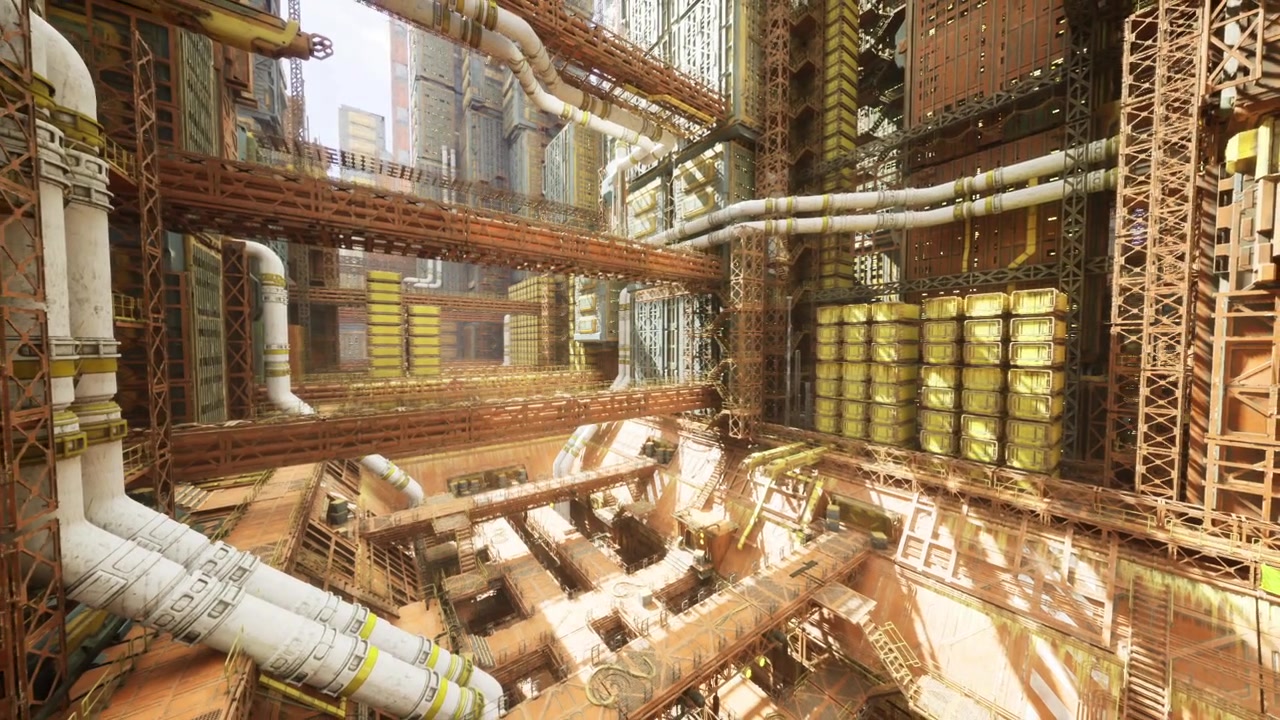 Futuristic factory center featuring tall pipelines and glowing walkways
