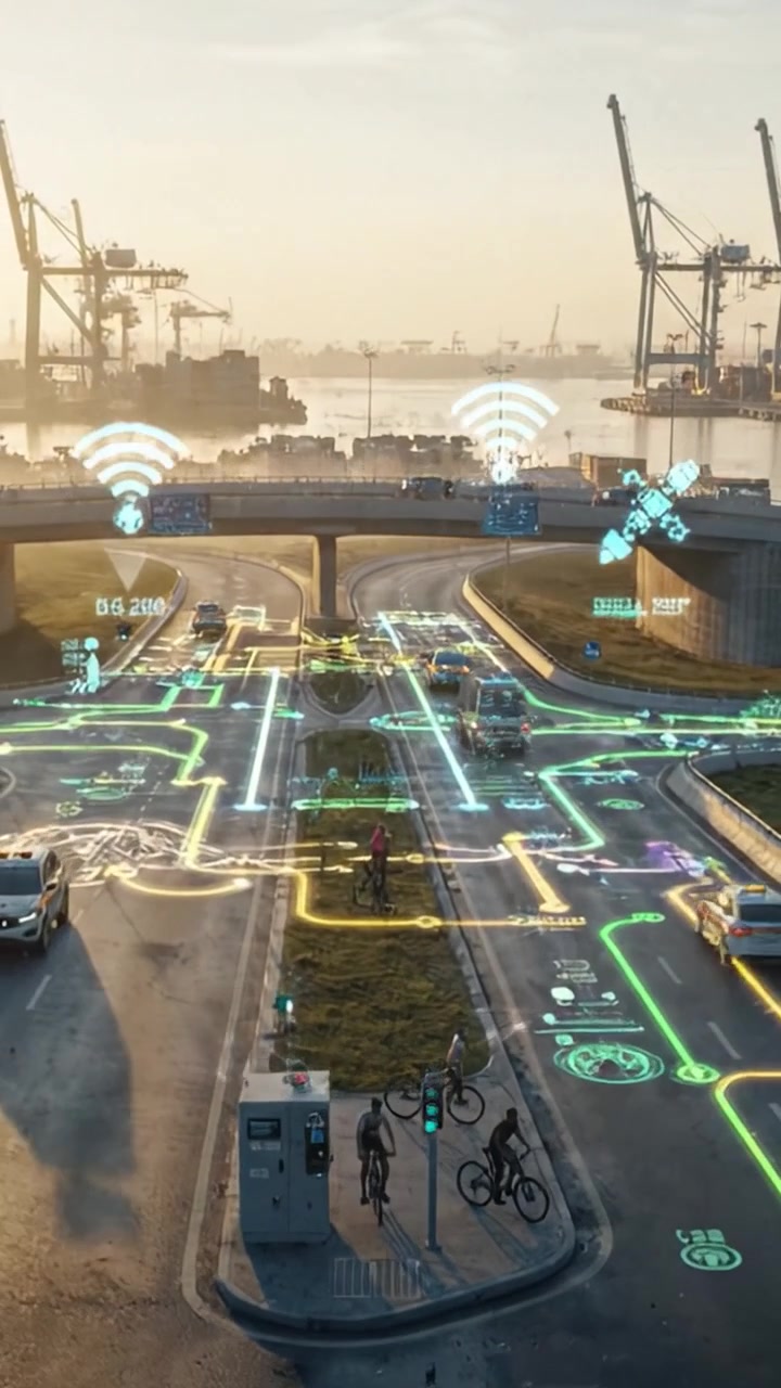 Trasformazione del traffico urbano: connettività e sostenibilità migliorate in una città moderna con infrastrutture digitali e integrazione delle biciclette all'alba.