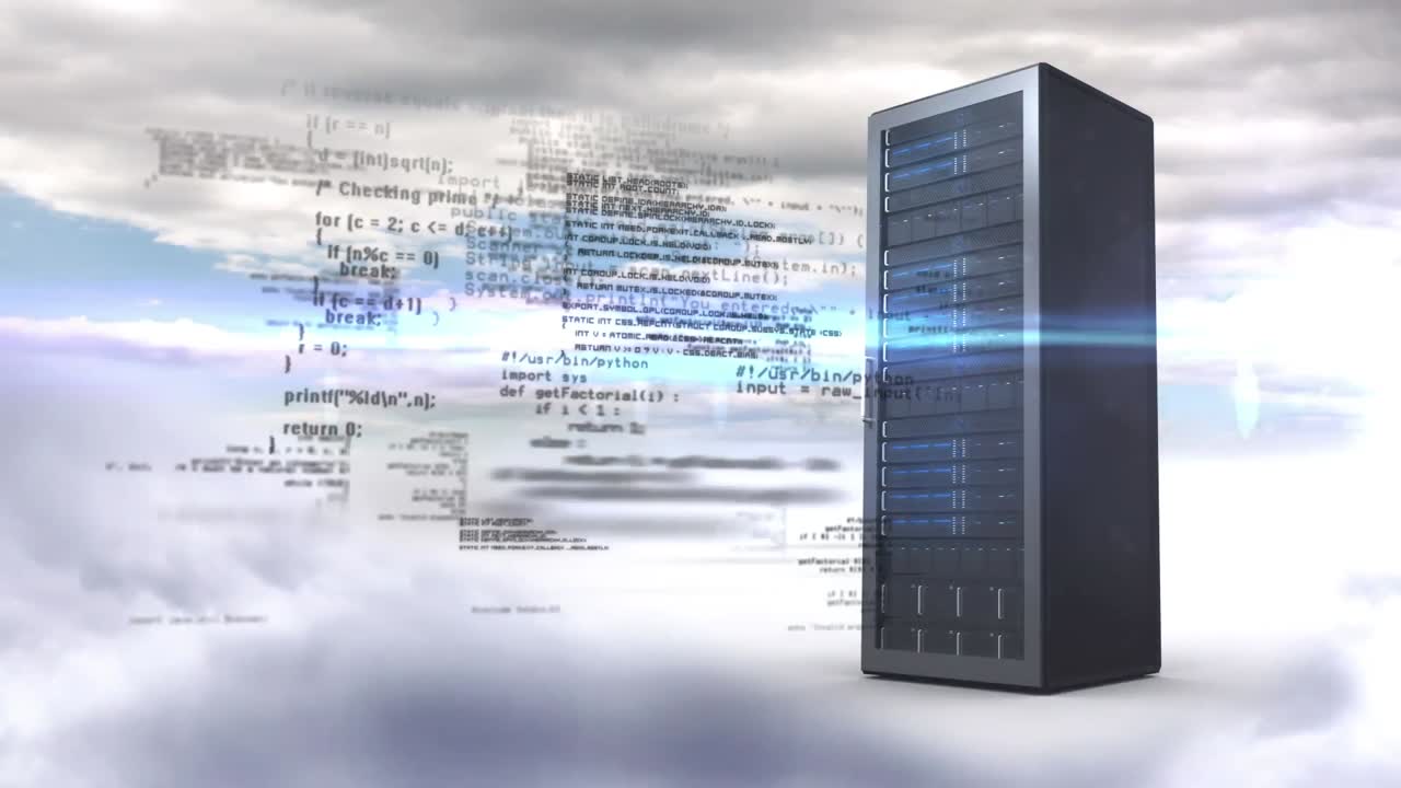 Animation of server with data processing over clouds