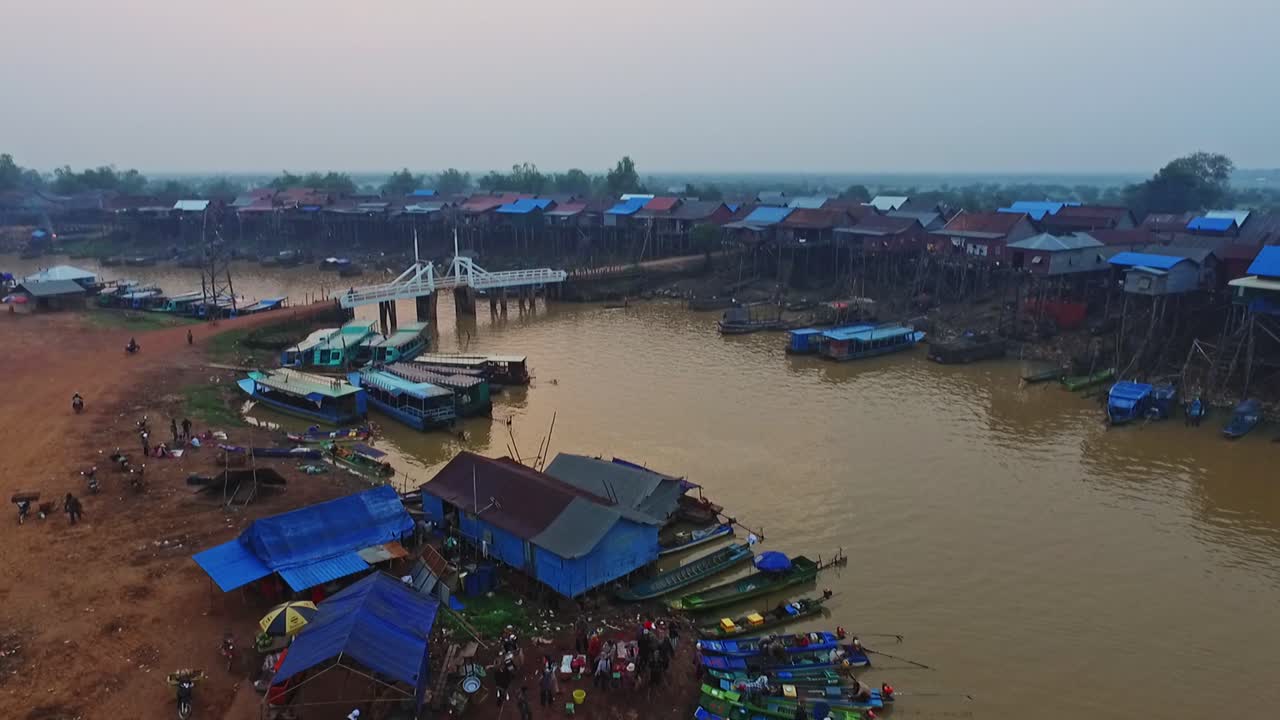 A Small Market In The Floating Village in Kompong Khleang - Aerial Shot