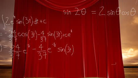 Animación-De-Ecuaciones-Matemáticas-Sobre-Cortina-Roja-Y-Cielo-Con-Nubes