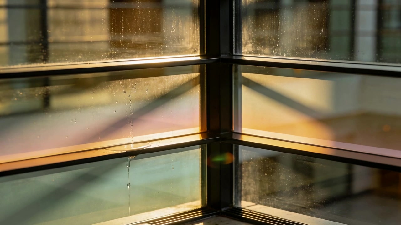 Warming sunlight causing droplets on corner window mullion sliding to sill in room, with lens flare