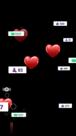 animation of hearts and social media reactions over black background