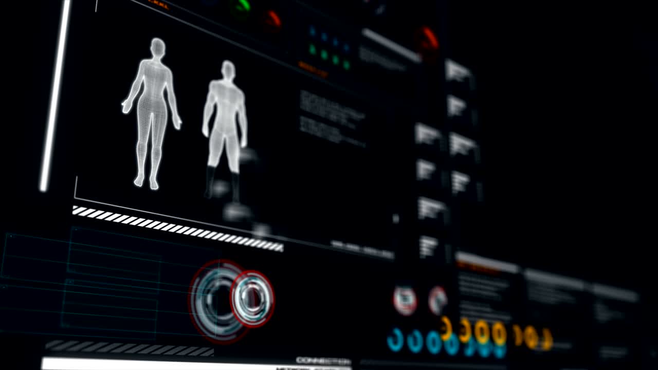 animación 4k de la interfaz de usuario hud en fondo oscuro para concepto cibernético futurista con grano procesado