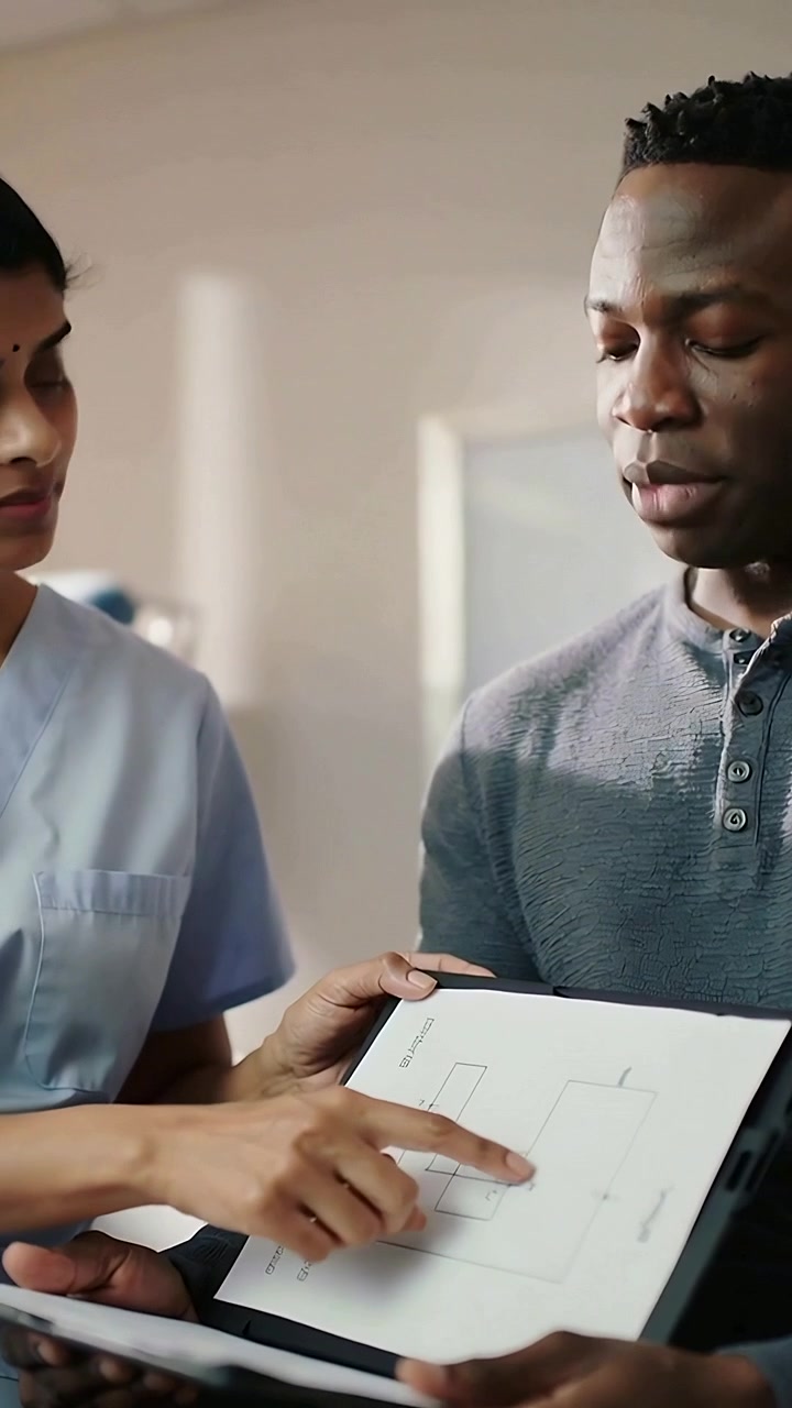 Vertical video: Showing clinician in scrubs explaining diagram to patient holding tablet at clinic