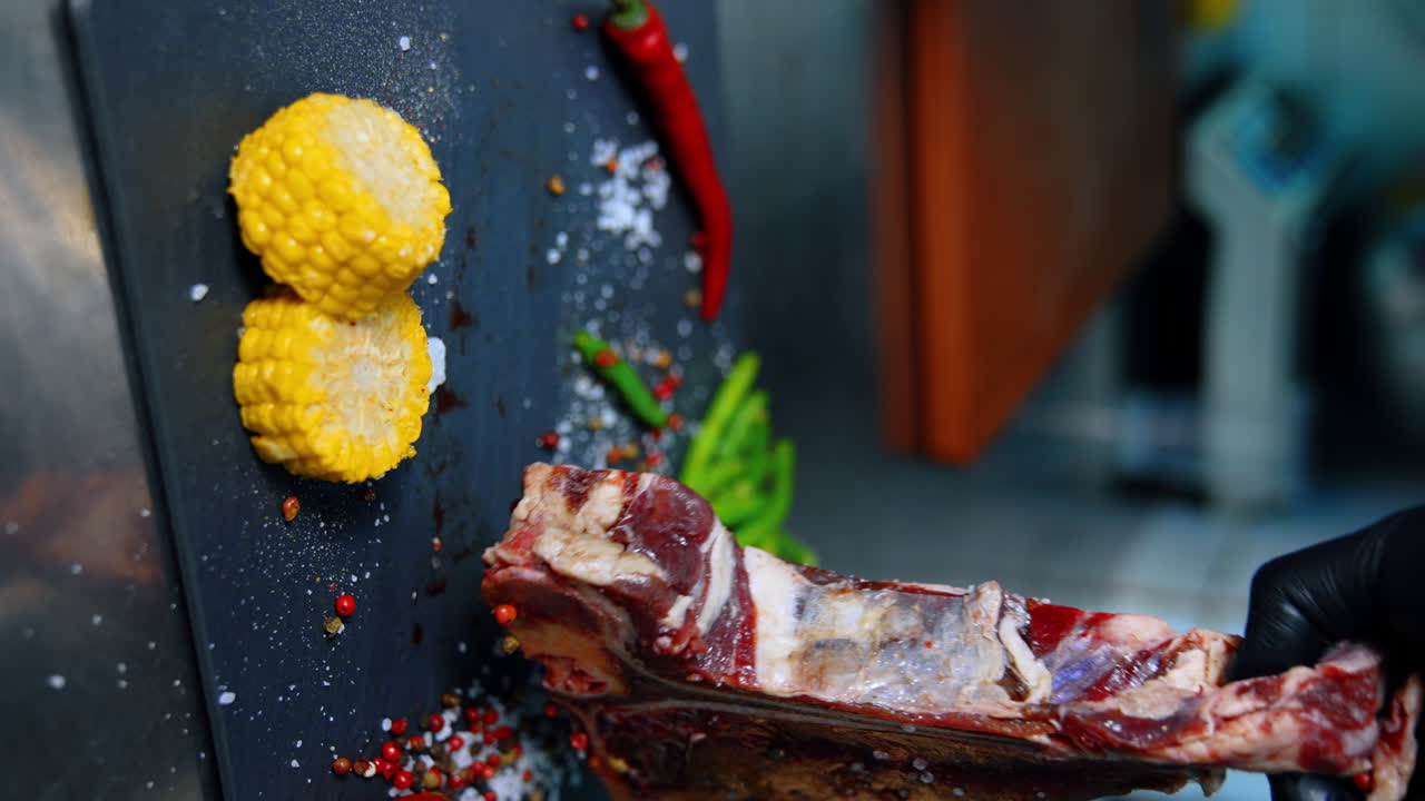 Hand in black latex gloves lifts a piece of meat from a board. Covering the steak with salt and spices. Close up. Blurred backdrop. Vertical screen.