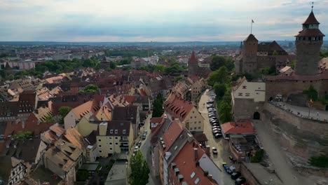 4k aerial drone video of the imperial castle palace and gardens in downtown nurnberg, germany