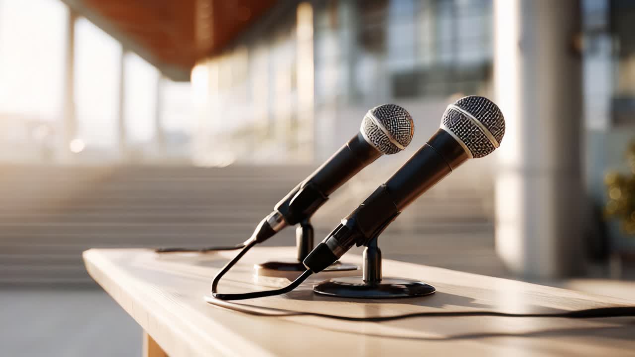 Setting the Stage: Two Microphones Positioned Elegantly on a Wooden Table, Ready for Upcoming Presentations Amidst a Bright and Spacious Environment