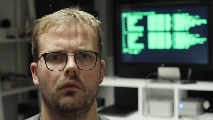 Die Menschheit wird durch KI dümmer. Ein Mann vor einem KI-Computer, futuristisch leuchtend.