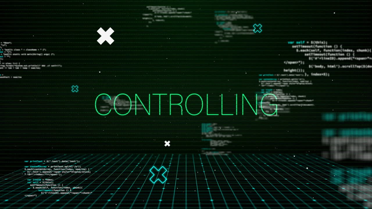 Animation of controlling text over data processing and shapes