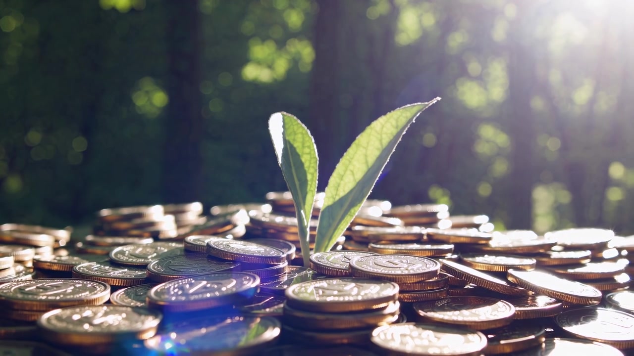 Planta joven creciendo de monedas de oro bajo la luz del sol