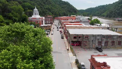 aerial view of a quaint small town nestled in the mountains by a river
