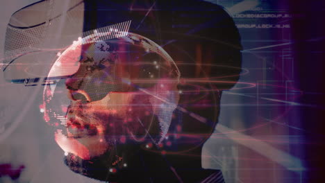 animación de la red de conexiones y el globo sobre el hombre de negocios que usa auriculares vr
