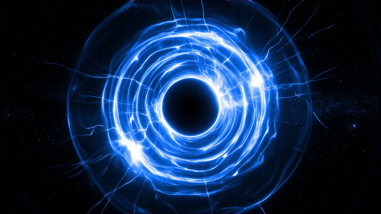 Cinematic 4k blue color circular shockwave energy blast with glowing particles and explosive motion on black background