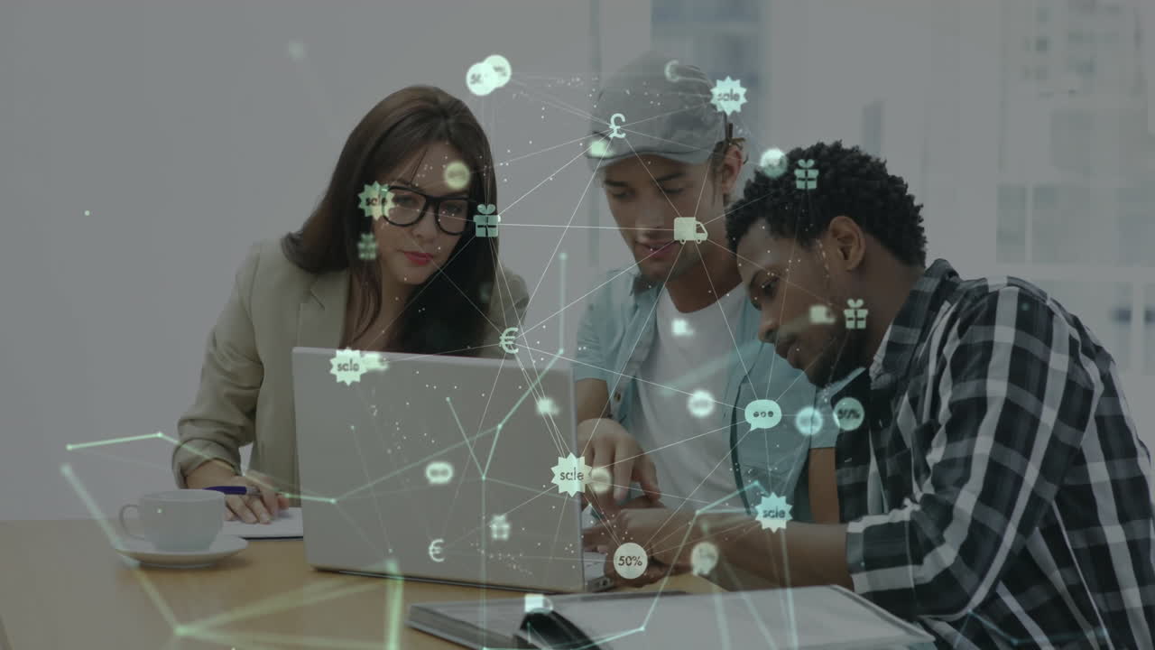 Animation of network of connections with icons over diverse business people in office