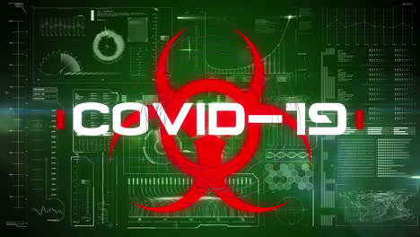 animación del texto covid 19 y el símbolo rojo de riesgo biológico sobre el procesamiento de datos en la interfaz