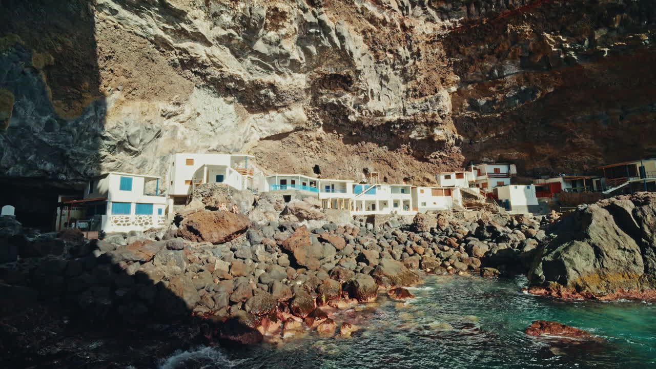 Panoramic view inside the Porís de Candelaria in Palma Island, Canary Islands, Spain. Fishing village inside a rugged coastline cave. Hidden Gem.