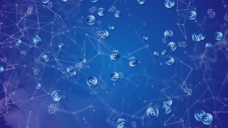 animation of network of connections with bitcoins over blue background