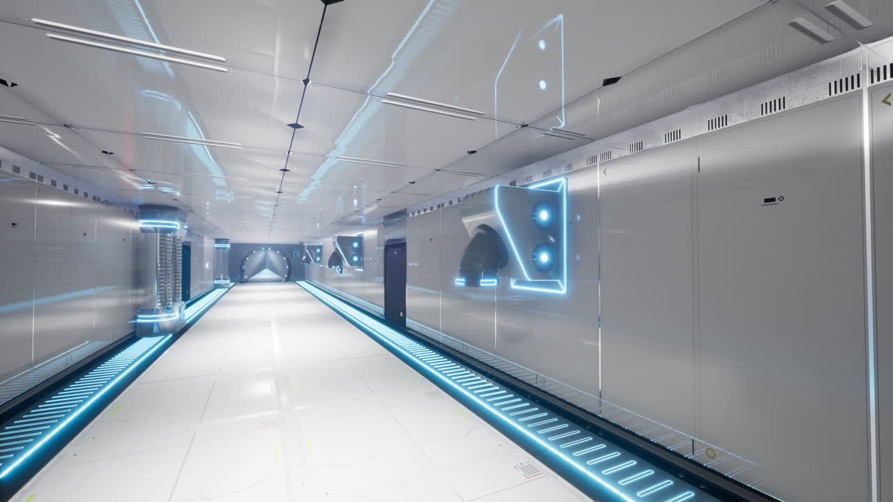 Futuristic corridor with blue neon lights in a modern facility