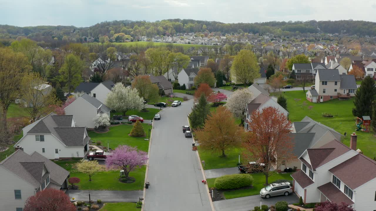 Aerial of quiet street in residential community