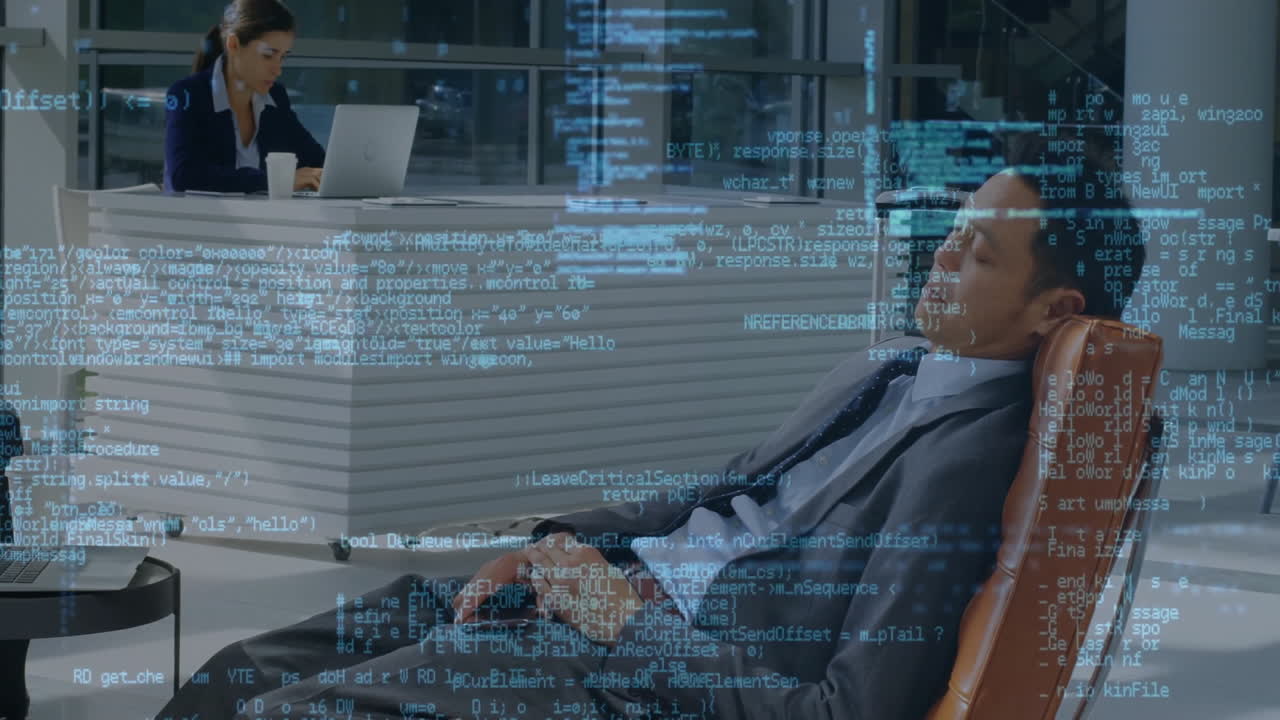 Animation of financial data processing over asian businessman sleeping in airport lounge