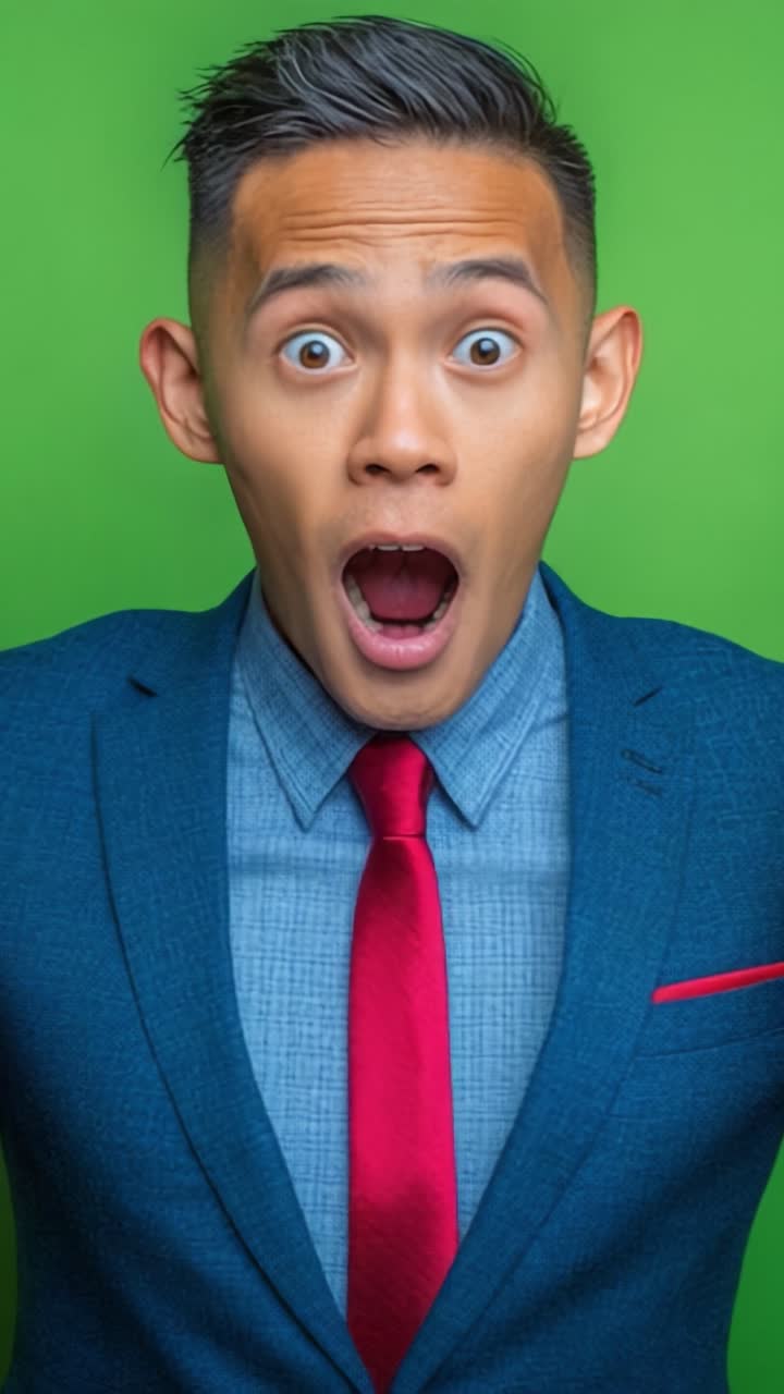 Astonished Man in a Suit Expresses Shock and Surprise with Wide Eyes and an Open Mouth Against a Bright Green Background