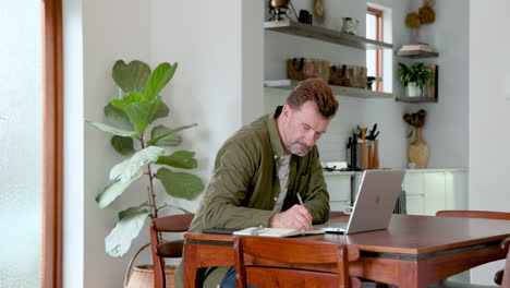 senior man working from home, writing notes and using laptop in kitchen