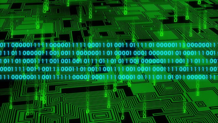 Animation of digital data processing binary coding over circuit board