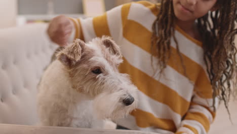 girl brushing and hugging dog