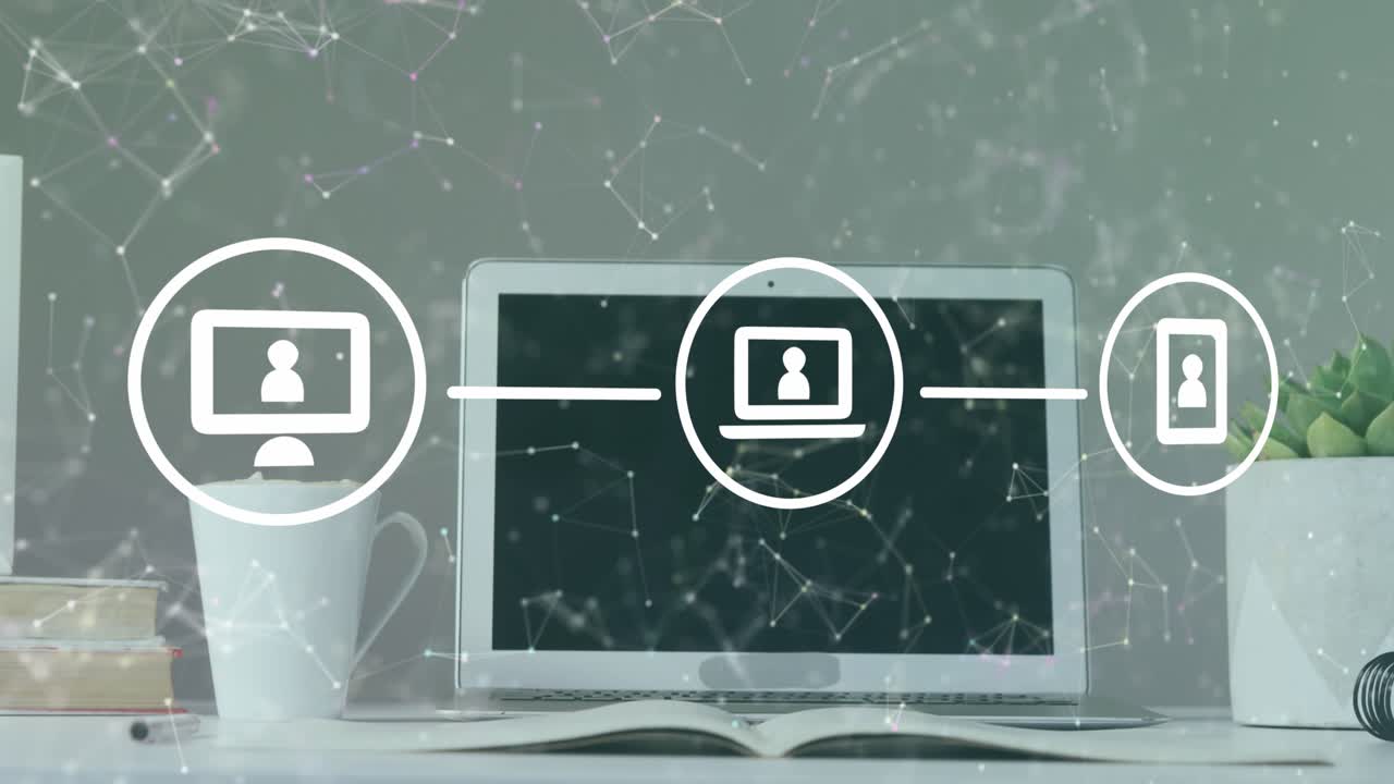 Animation of network of digital icons against close up of equipment on office desk