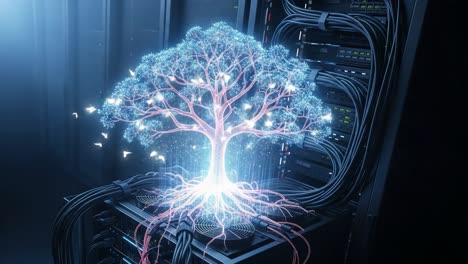 a stunning visualization of a bioluminescent tree emanating from digital roots, surrounded by server cables in an advanced tech environment