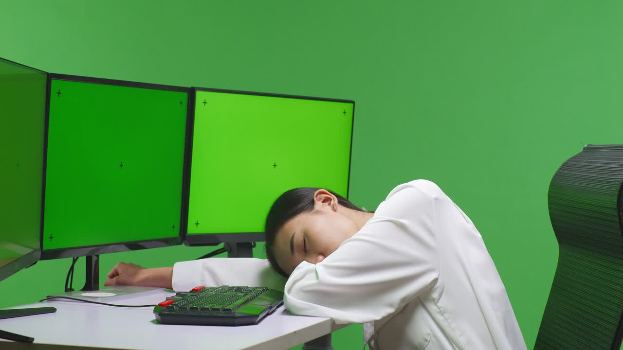 피곤 한 여자 가 컴퓨터 책상 에서 잠 을 자고 있다