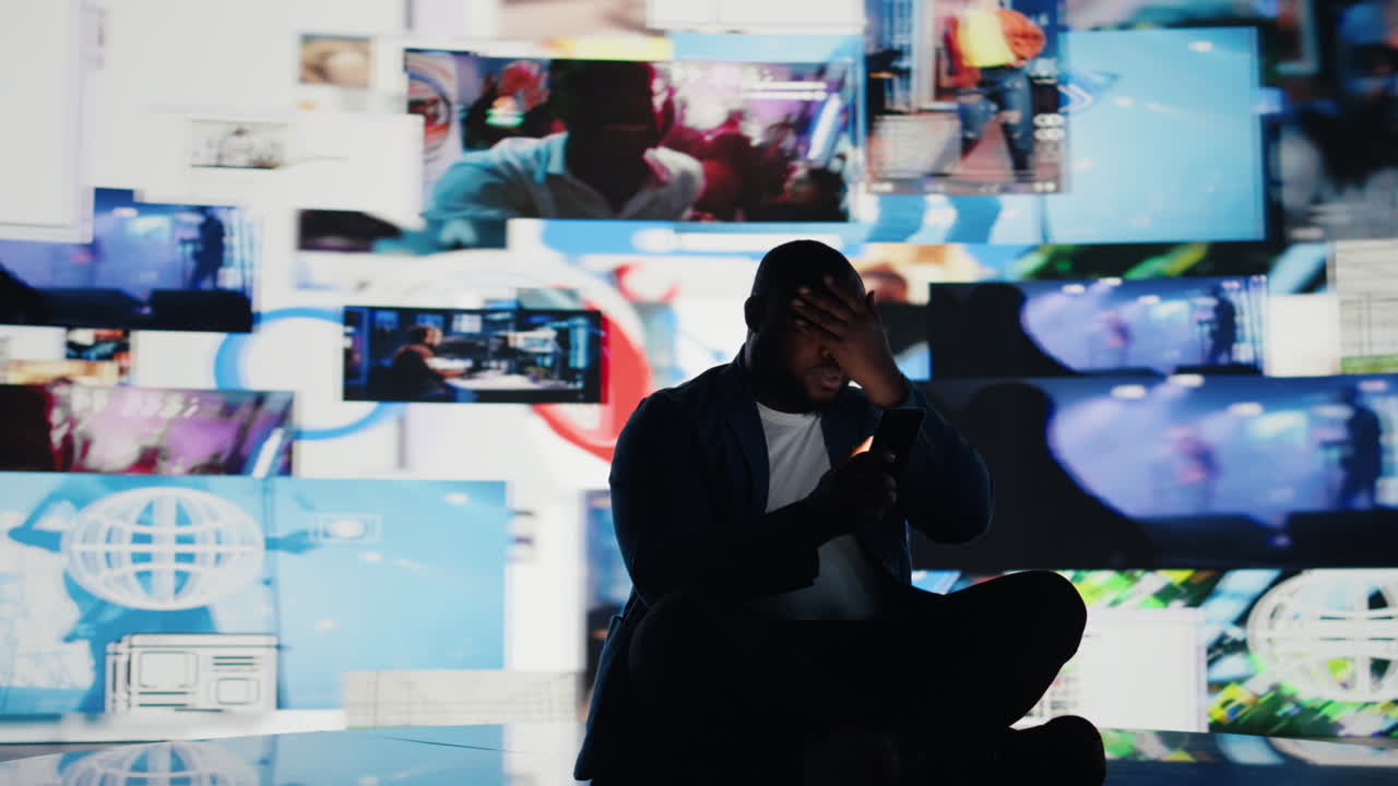 African american person deals with consequences of overusing social networks