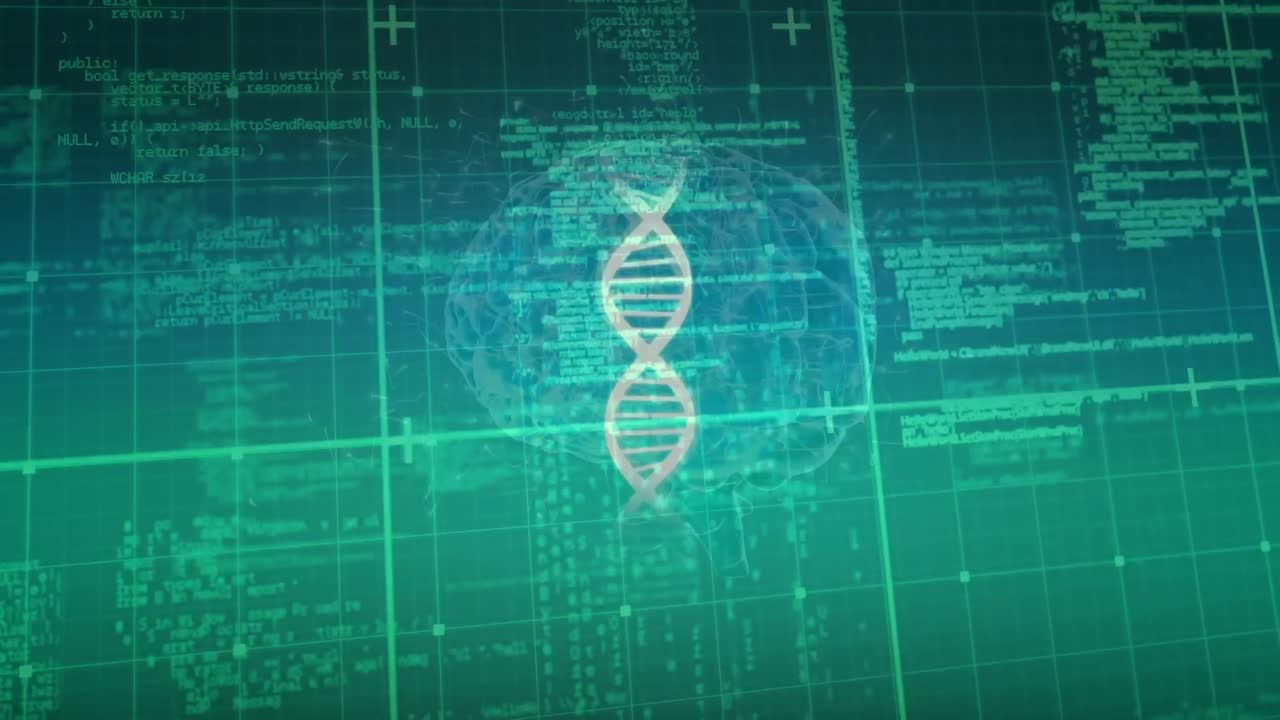 Animation of data processing, human brain and dna strand spinning