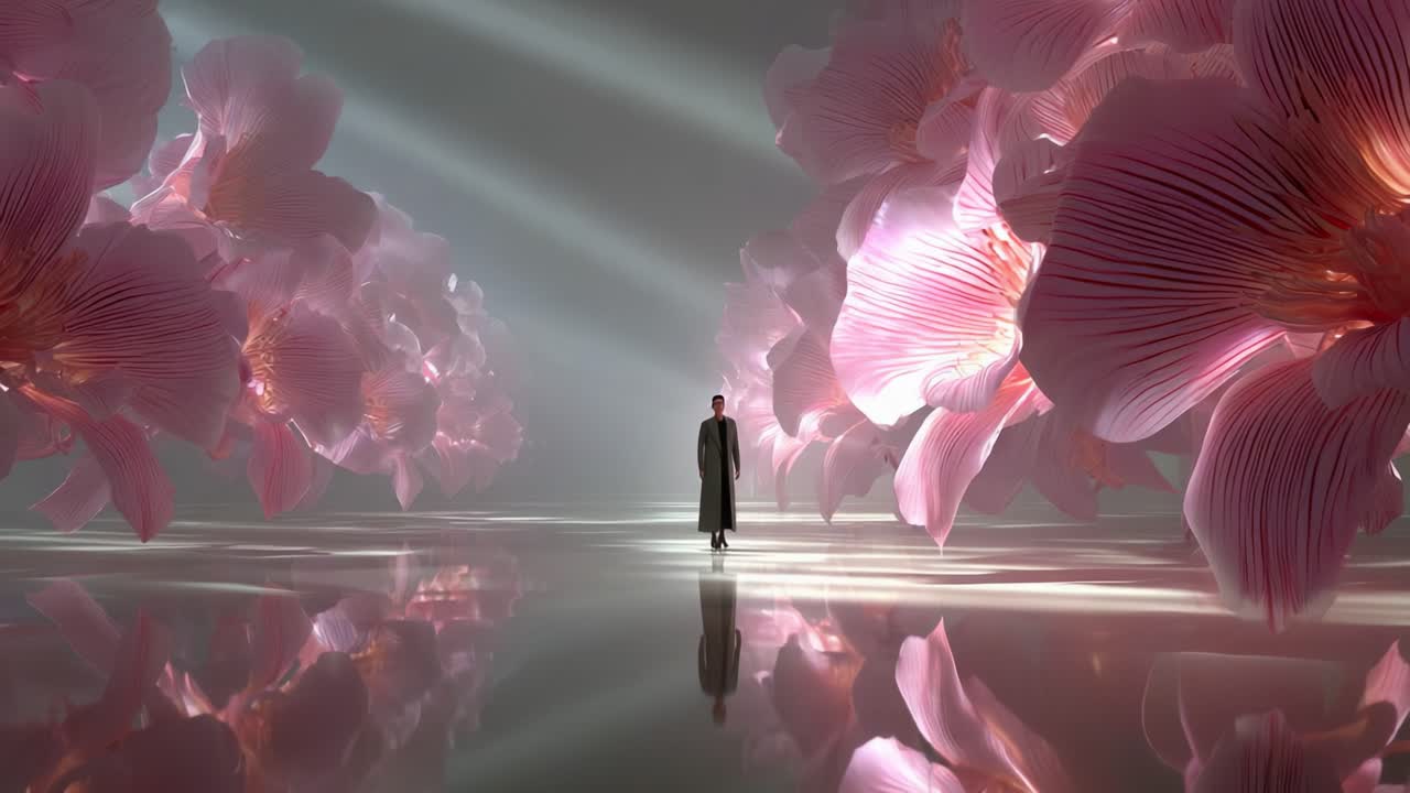A captivating scene unfolds with a figure standing in awe among gigantic, luminous pink flowers, surrounded by ethereal light beams and reflecting surfaces, creating a dreamlike atmosphere