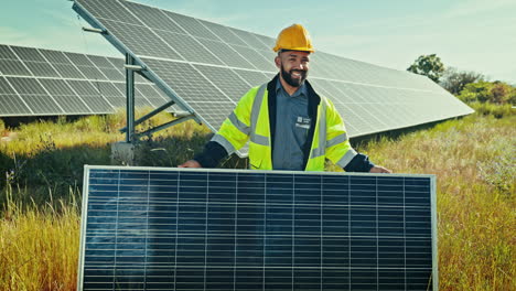 engineering, man and smile with solar panels